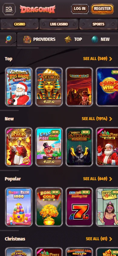 Dragonia Casino games area on a mobile device