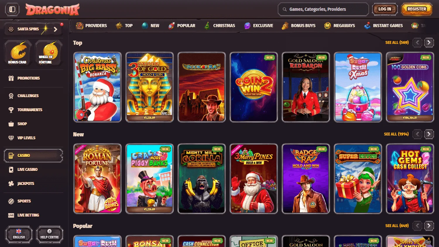 Dragonia Casino games area on desktop