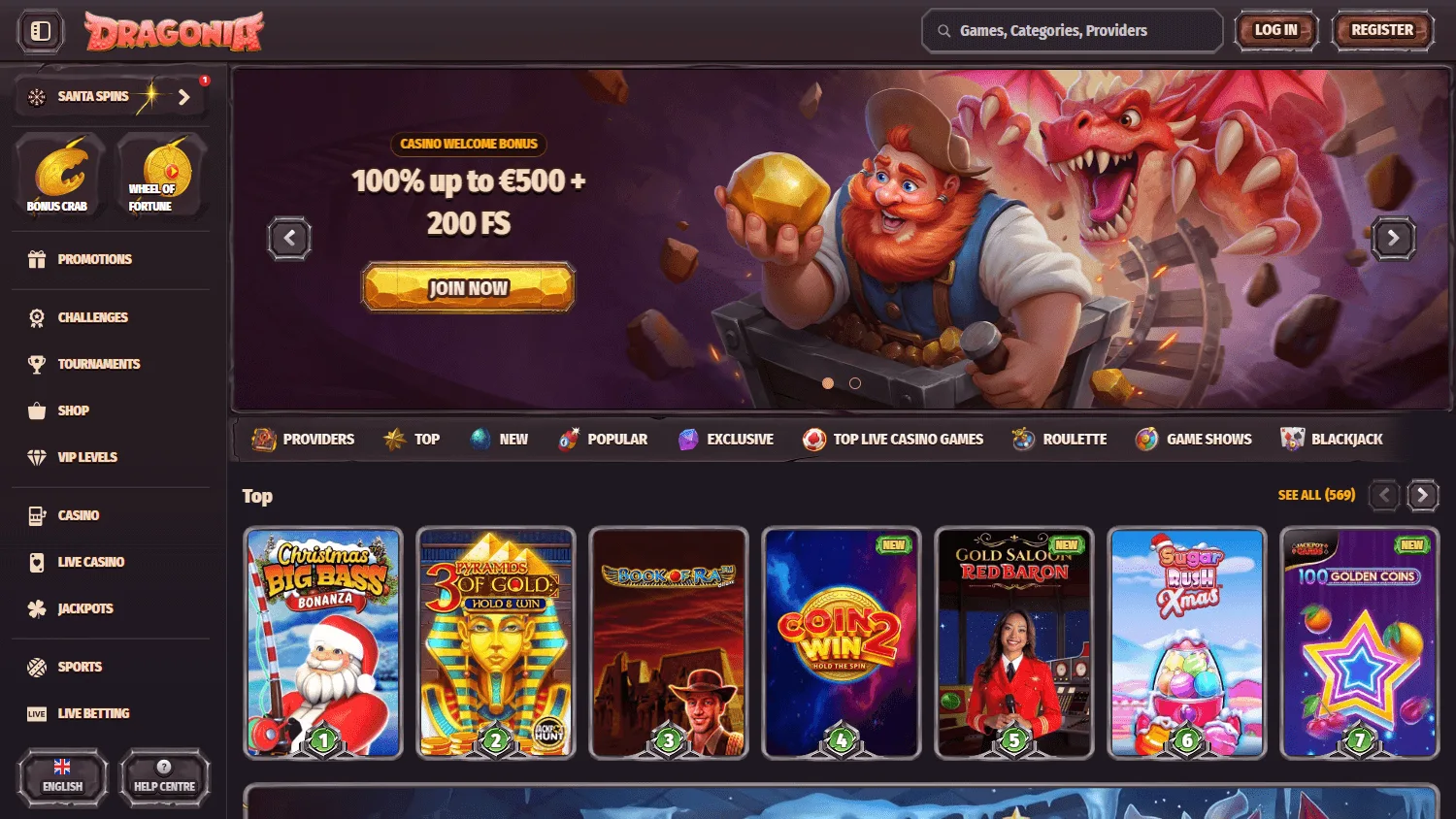 Dragonia Casino home page on desktop