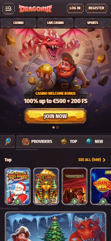 Dragonia Casino home page on a mobile device