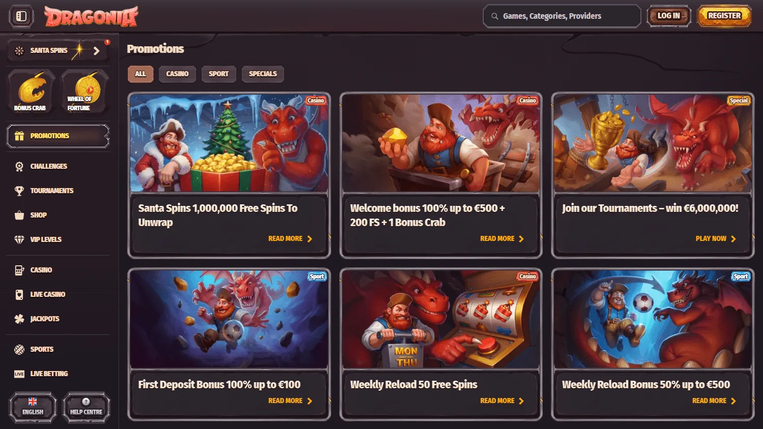Dragonia Casino promotions area on desktop
