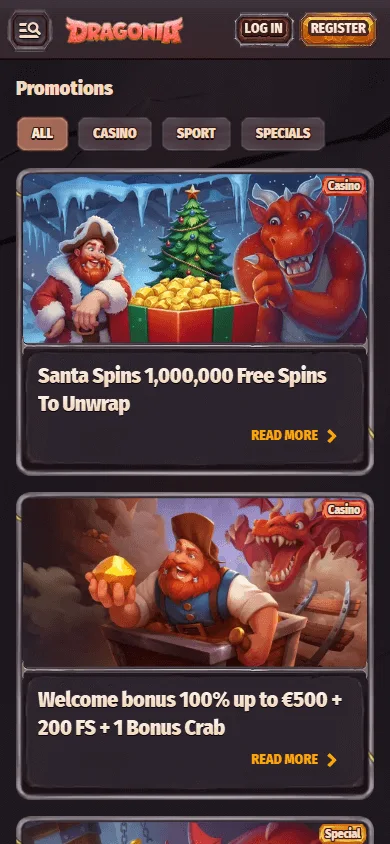 Dragonia Casino promotions area on a mobile device